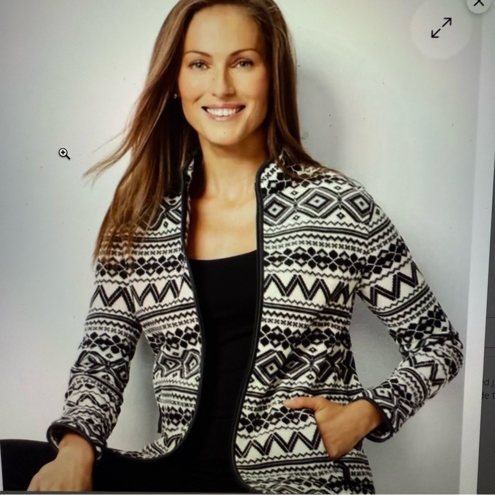 Talbots Women's Black White fair isle geometric fleece zip jacket - Picture 3 of 10
